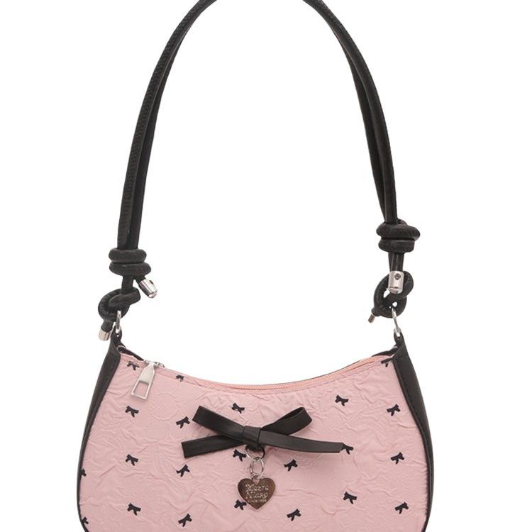 Korean Sweet Seersucker Bow Shoulder Bag, Women's Black & Pink Color Block Crossbody