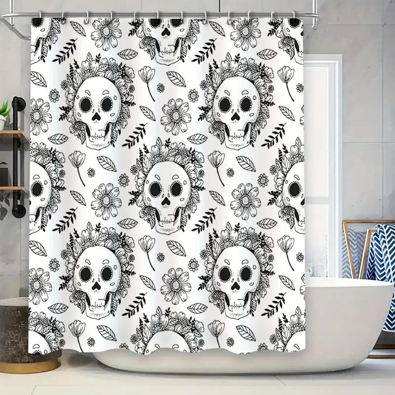 

Black White Skulls Floral Shower Curtain Bathroom Decor For Kids, Adults, Families Durable Water-Resistant Fabric Available In W60H190(CM)-1 Pcs