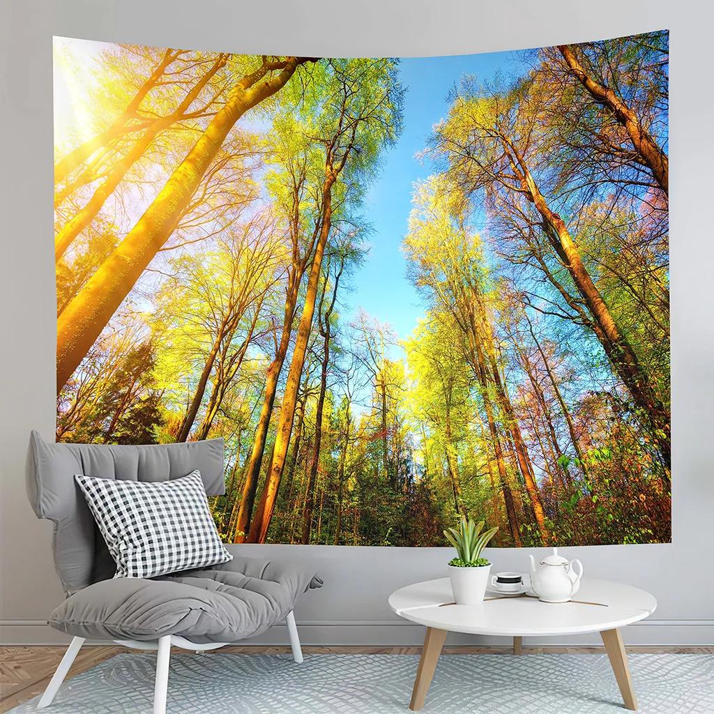 Nature Forest Tapestry Woodland Stream Tapestry Green Fresh Sunshine Tapestry Aesthetic Home Tapestries for Living Room Bedroom