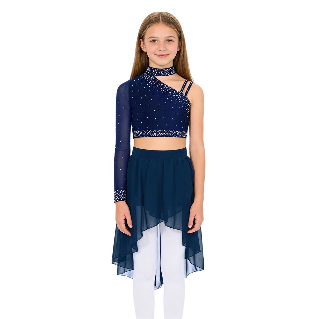 Mädchen Tanzset Funkelnde Strasssteine Oberteile Einzigartiges Unregelmäßiges Schulterfreies Crop Top High-Low Chiffon Rock
