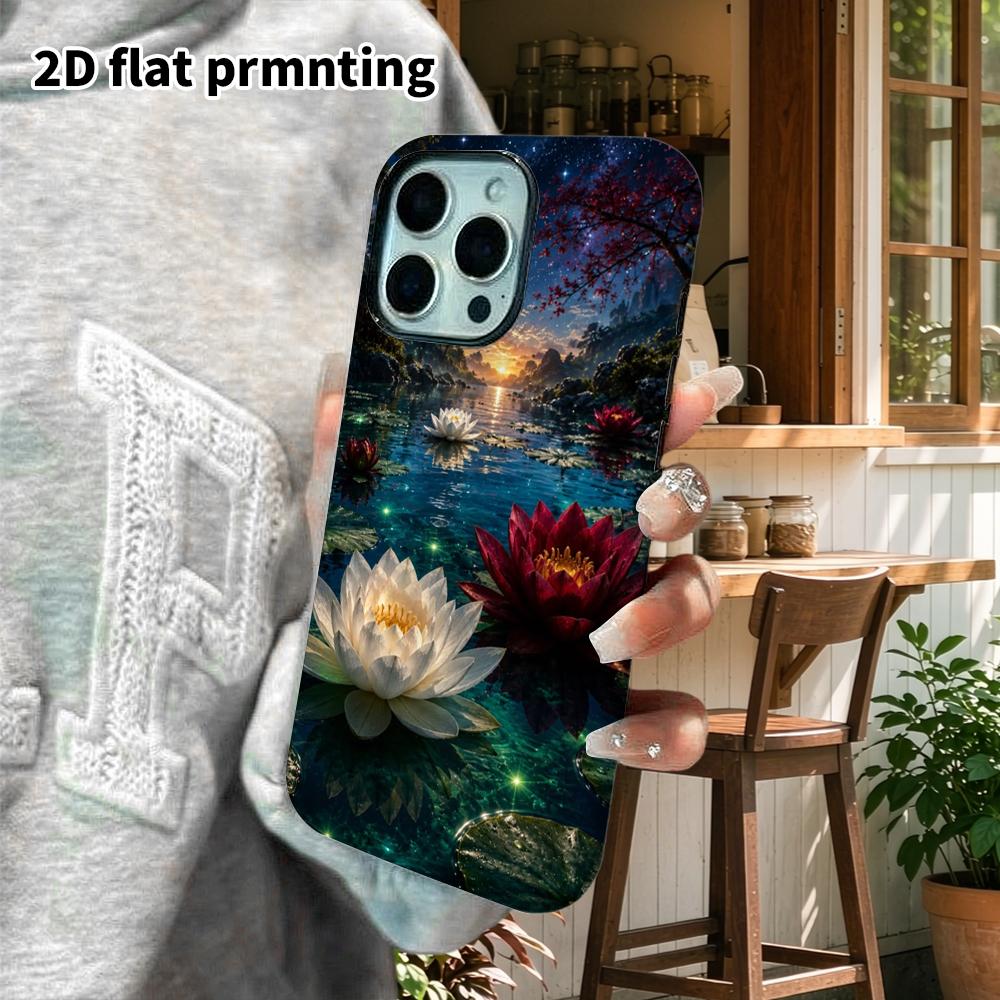 Phone Case: 2D flat design suitable for iPhone 18, 17, 16, 15, 14, 13 Pro film protective case, couple style, star and moon lotus pond, Christmas and