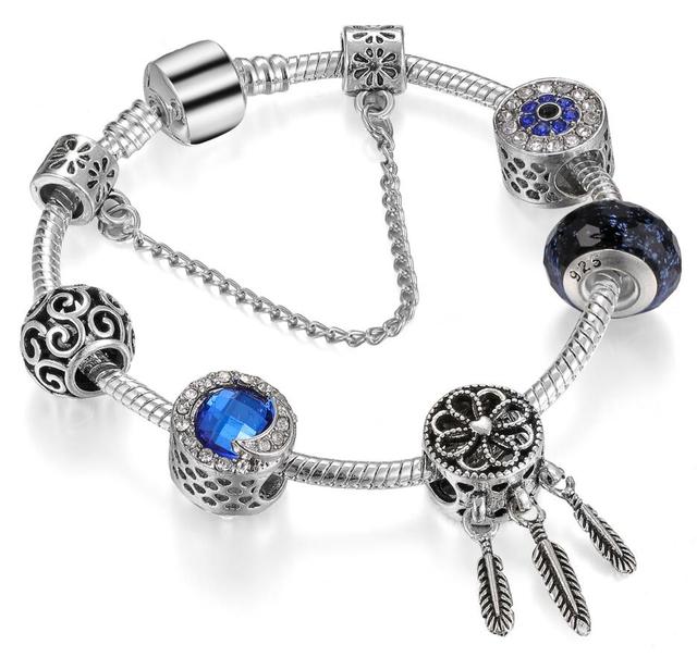 Μόδα αντίκες ασημένια επιμεταλλωμένα Pa βραχιόλια & βραχιόλια Crystal Heart Charm Beads βραχιόλι για γυναίκες Diy πρωτότυπο δώρο κοσμημάτων