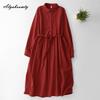 Japanese Mori Girl Autumn Spring Women Midi Dress Turn-Down Collar Oversized Cotton Dress Vintage Elegant Ladies' Baggy Casual Dress