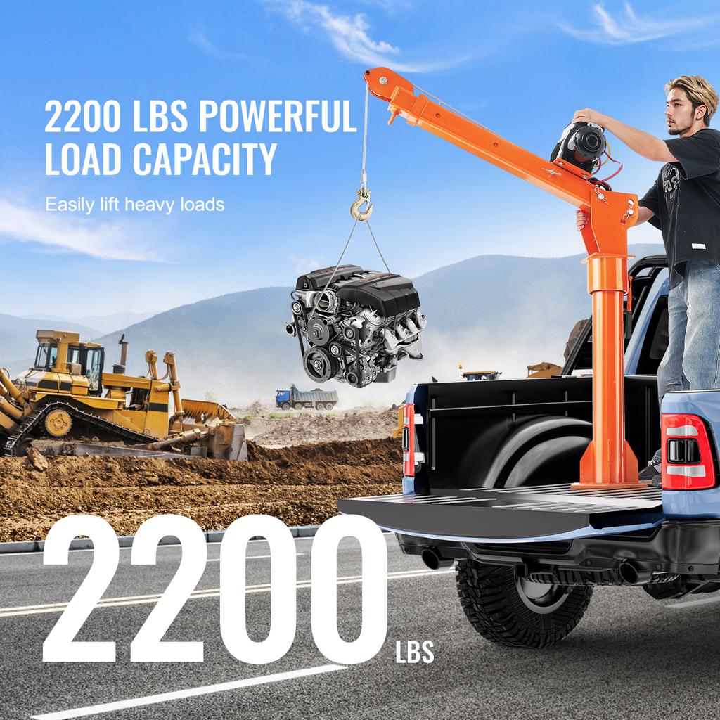 SucceBuy 2200lbs Electric Hoist Truck Crane 360° Swivel Folding Bed Jib Crane with 6000 lbs Electric Winch for Lifting Goods