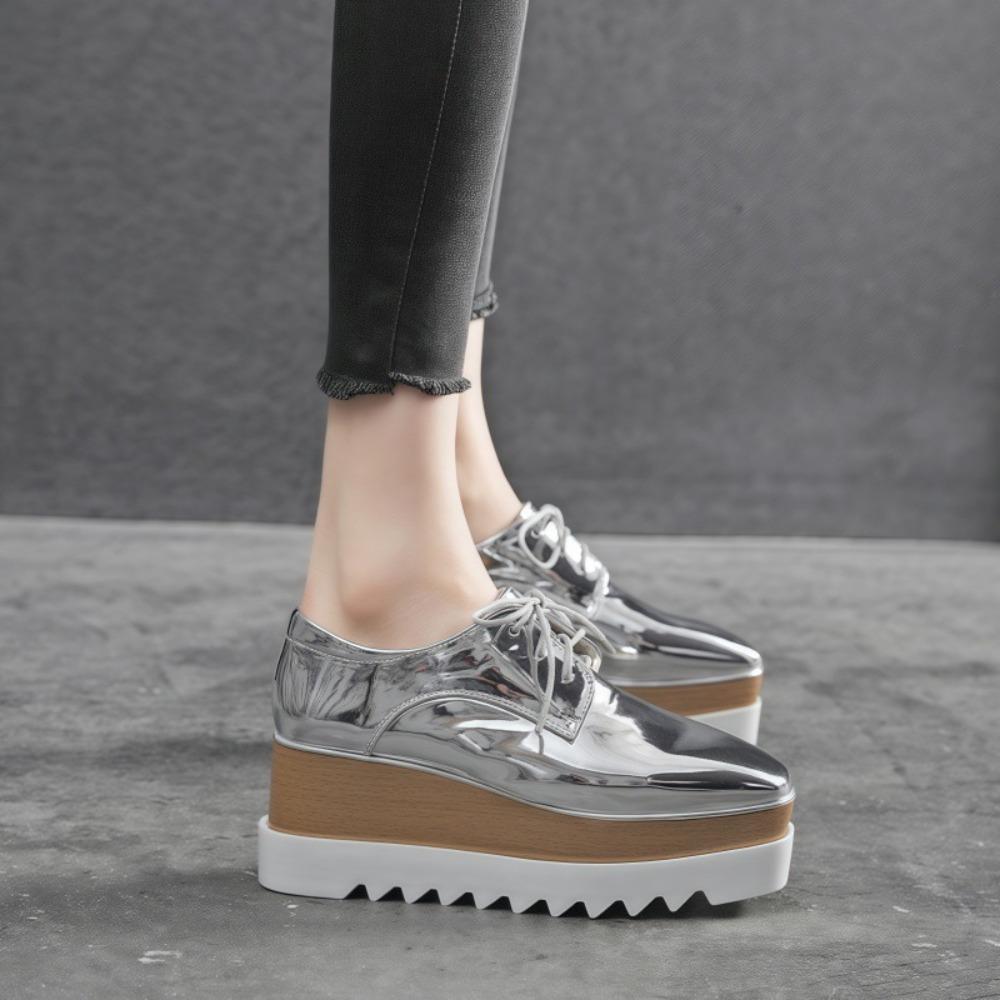 Women Korean‑Style Patent Wedge Pumps, Square‑Toe Star Decor Platform Thick‑Sole High Heel Shoes, British‑Inspired Versatile Casual Daily Footwear