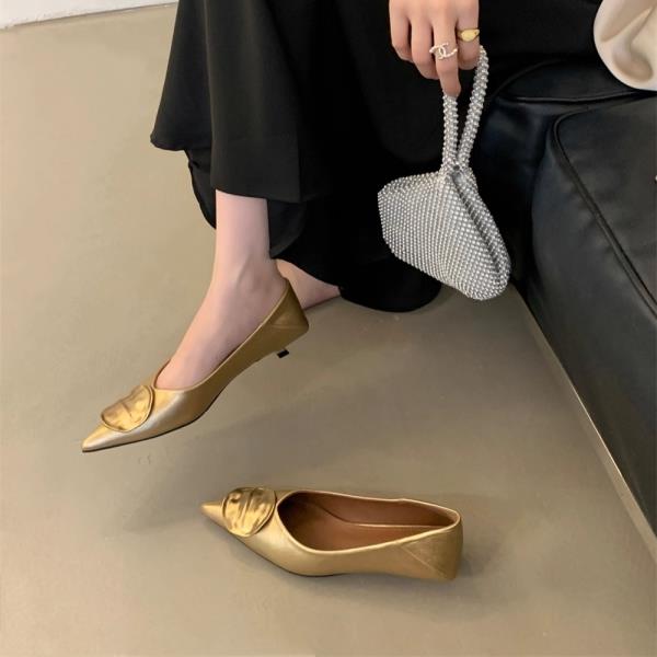 Fashion Low Heels Shoes Woman 2025 Metal Chain Shallow Mouth Female Footwear Pointed Toe Autumn New Buckle Dress Fall Nurse Med Thin