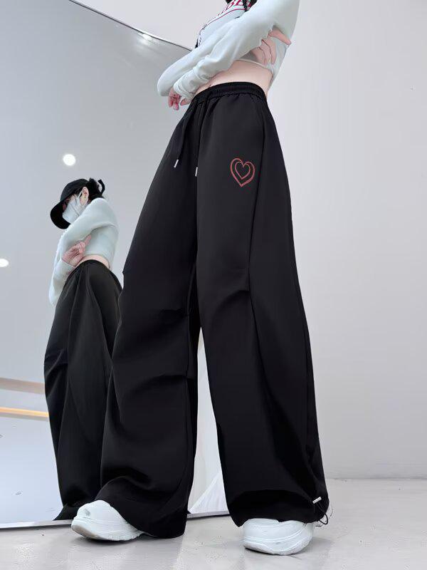 

Women s Summer 2025 Quick-Dry Hip Hop Street Style Wide-Leg Pants with Love Heart Design 2XL чорний