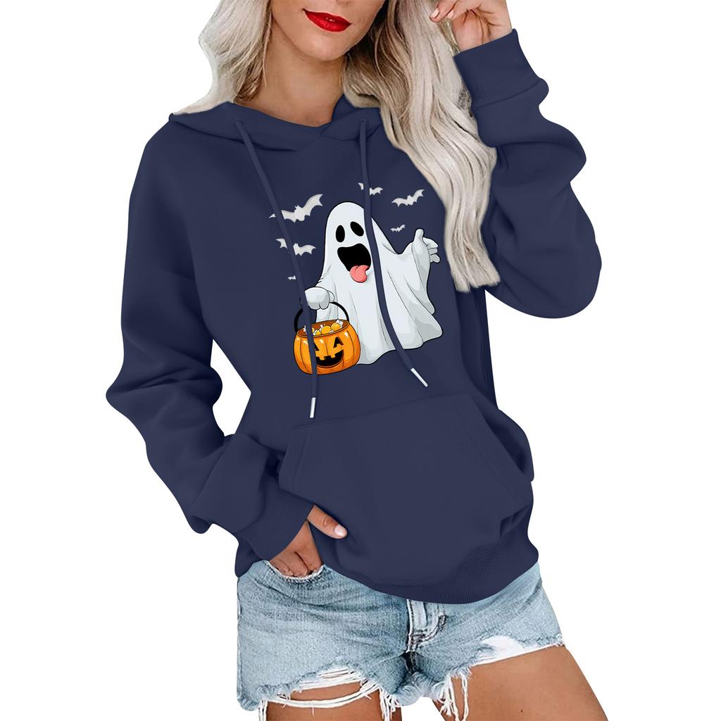 Dámský módní, ležérní, pohodlný svetr s kulatým výstřihem, s kapucí, s dlouhým rukávem, s halloweenským potiskem, hřejivý