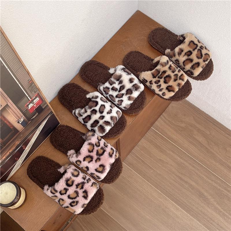 Mode Höst Vinter Leopardtryck Päfflor Dam Plysch Päls Tofflor Flip Flops Inomhus Varma Halkfria Öppen Tå Utomhus Pälsiga Luddiga