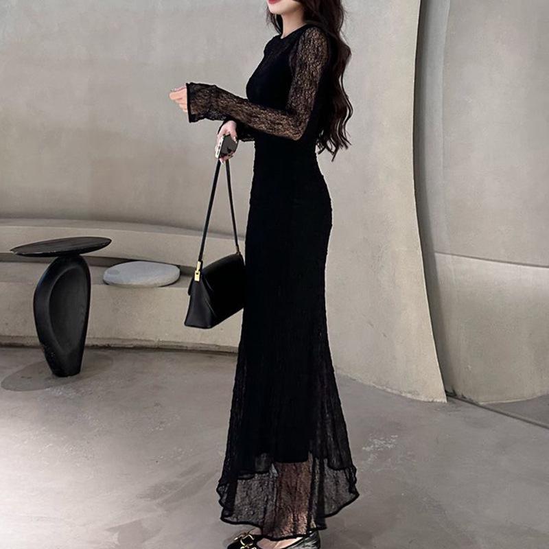 Sexy Black Lace Hollow-Out Long Sleeve Bodycon Mermaid Dress for Spring/Autumn