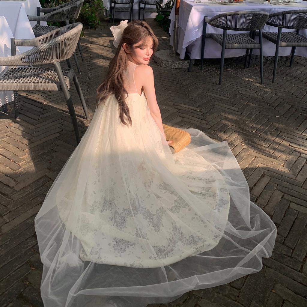 Morning Robe Female Bride French Super Fairy Engagement Dress Atmosphere Three-dimensional Lace Floral Pendulum Mesh Dress