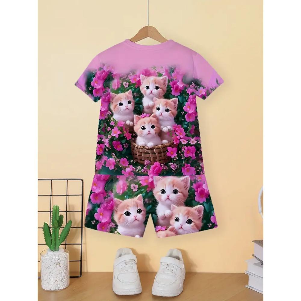 

Children s Cat T-Shirt Shorts Set Summer Casual Girl Clothes Short Sleeve Kids Sets for Children Tops Outdoor Sport Girl Outfits 100
