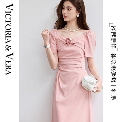 Women's Romantic Rose Puff Sleeve A-Line Mid-Length Dress