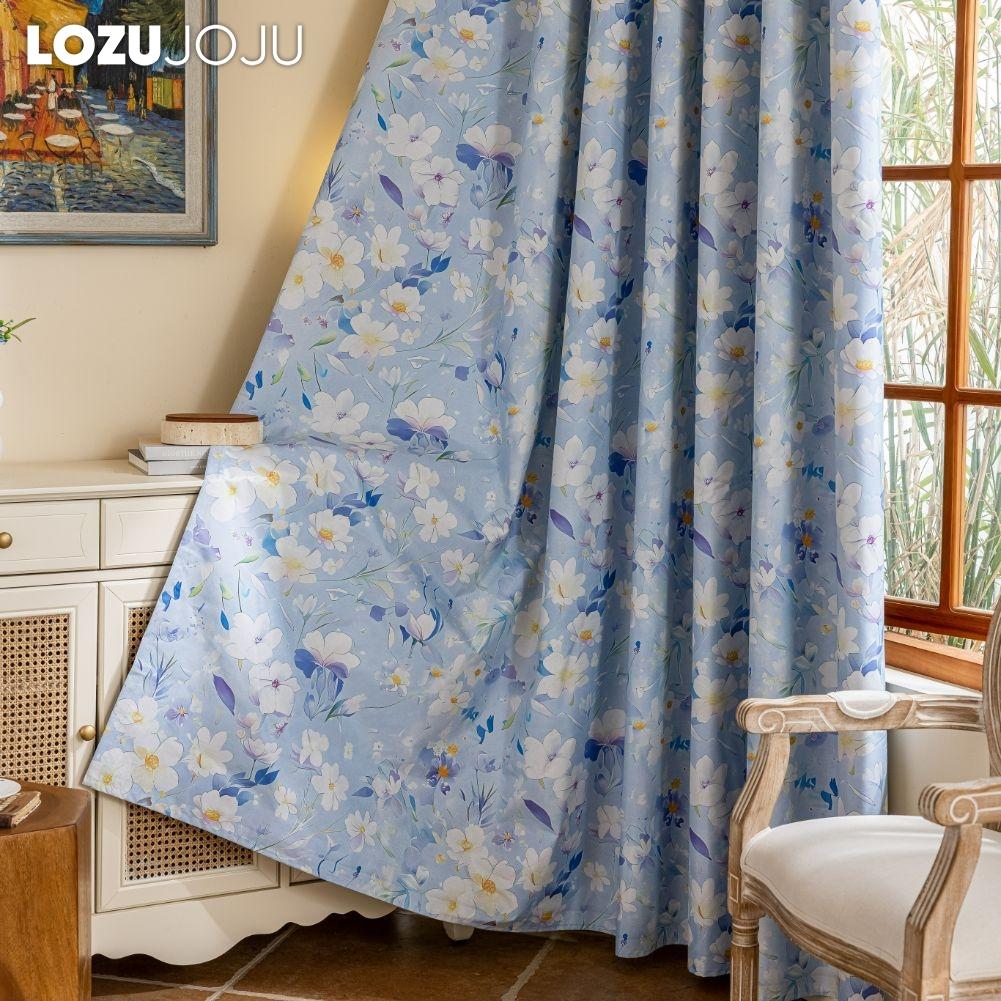 1 Stück LOZUJOJU Vorhänge im nordischen Landhausstil, blau bedruckt, mit blickdichten Vorhängen für Schlafzimmer, Wohnzimmer, Balkonfenster zur Heimdekoration