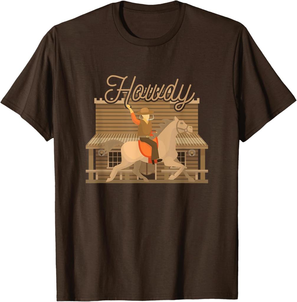 Howdy Cowboy Horse Rider Graphic Print Cotton Casual TShirt Men Western Rodeo Tee