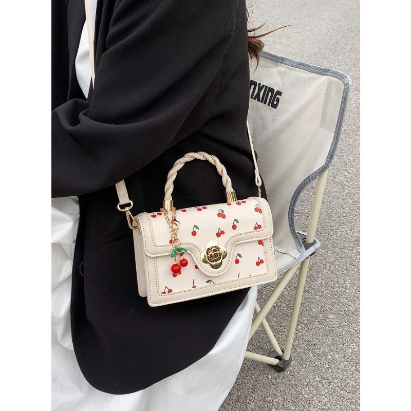 Fashionable High-Class Lady Square PU Handbag, Cute Cherry Printed Shoulder Bag for Shopping, Dating, and Crossbody, Kawaii Cherry Elements Valentines