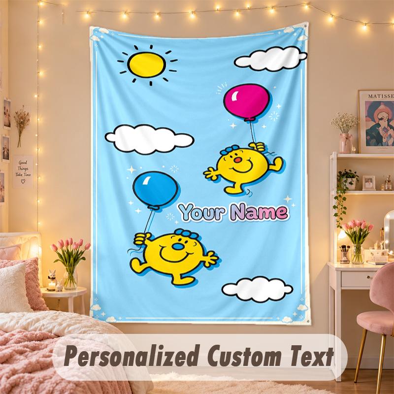 Custom Personalized Tapestry,Mr. Men & Little Miss Print Custom Name Text Wall Art Hanging for Bedroom