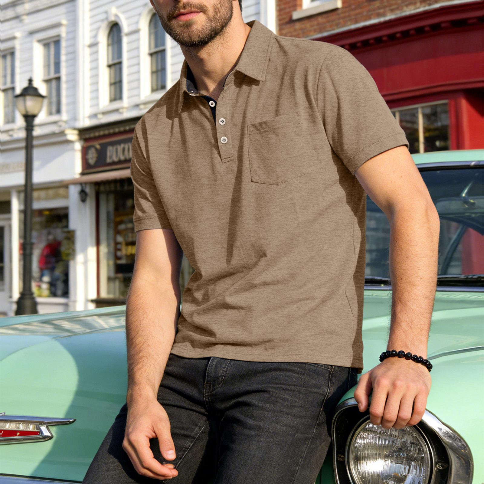Men s Short Sleeve Lap Button V-Neck Casual T-Shirt With Pocket XXXL верблюд