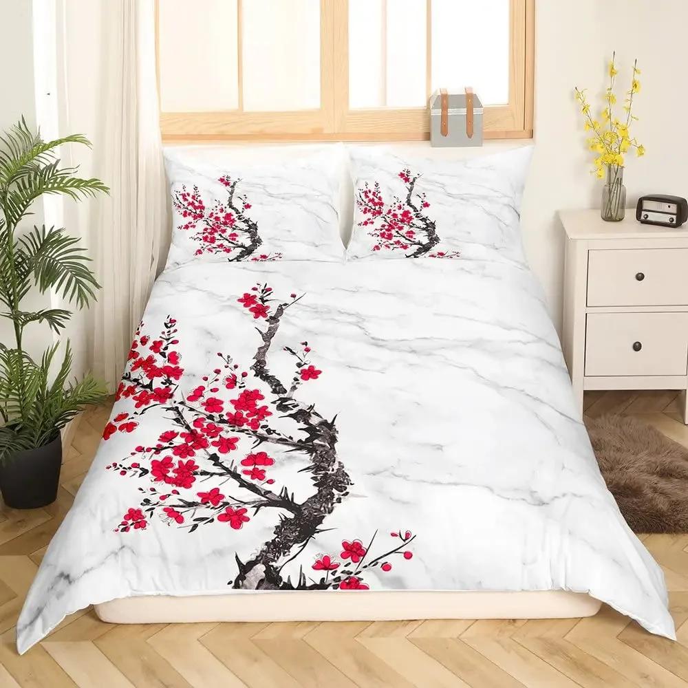 Cherry Blossoms Duvet Cover King/Queen Size,Japanese Sakura Tree Pink Floral Spring Vintage Cultural Bedding Set For Women Girls