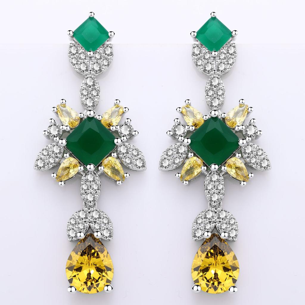 Saudi Dress Set Chain Fashion Heavy Industry Design Necklace Earrings Set Gorgeous Double-Layer Color Zircon Jewelry Set