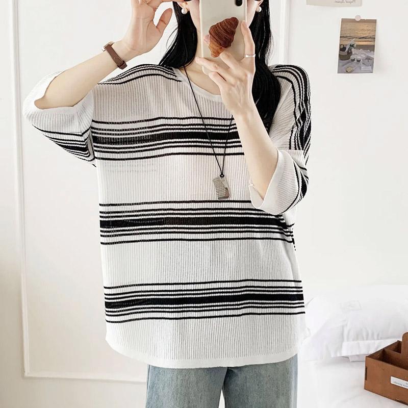 

Женская футболка Летняя футболка большого размера в полоску с вырезами Мягкая свободная повседневная удобная футболка-пуловер Топ M чёрный