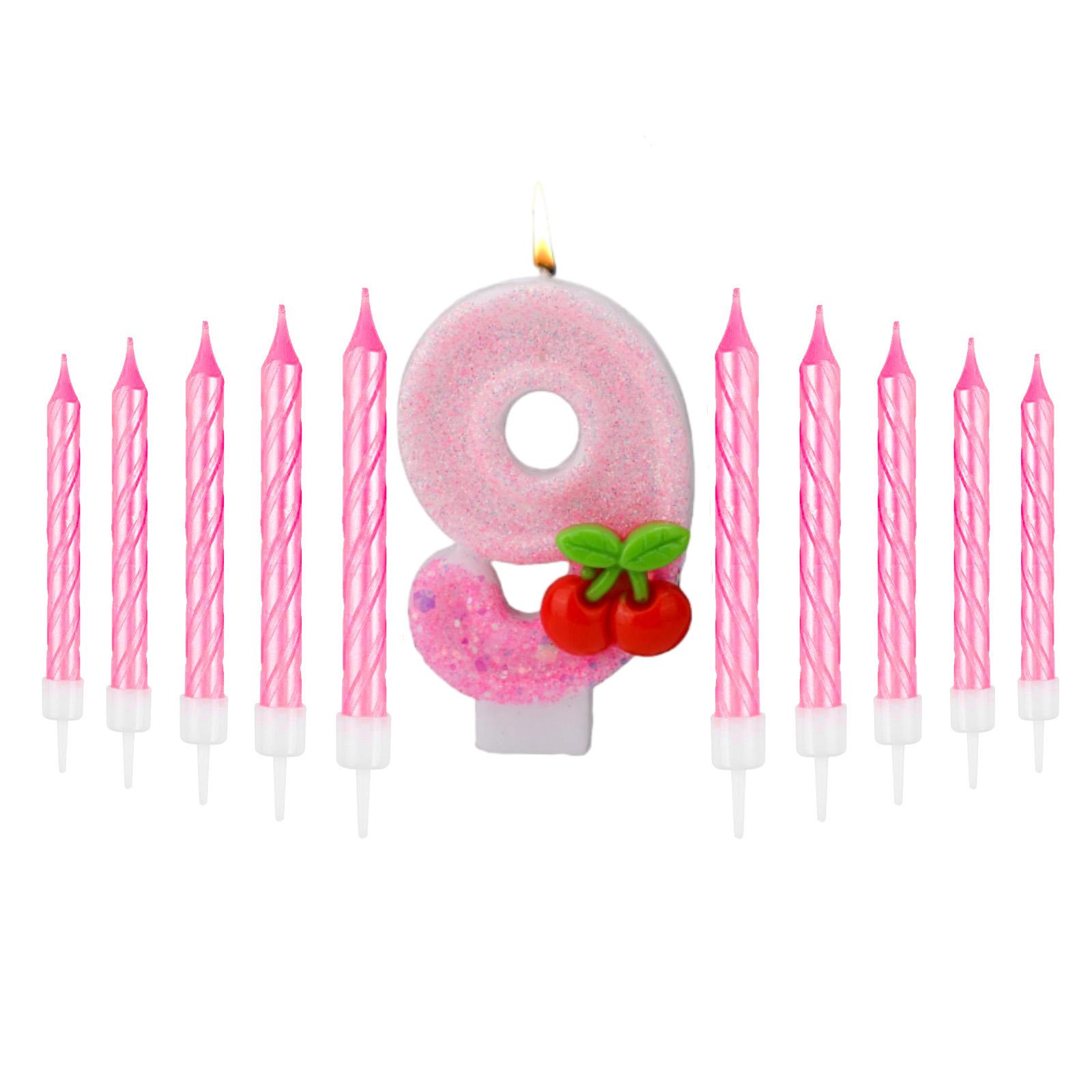 

11pcs Cherry Birthday Number 0-9 Candles,Sequins Pink Cupcake Toppers Decorations for Women Girls Birthday Party Supplies Decors