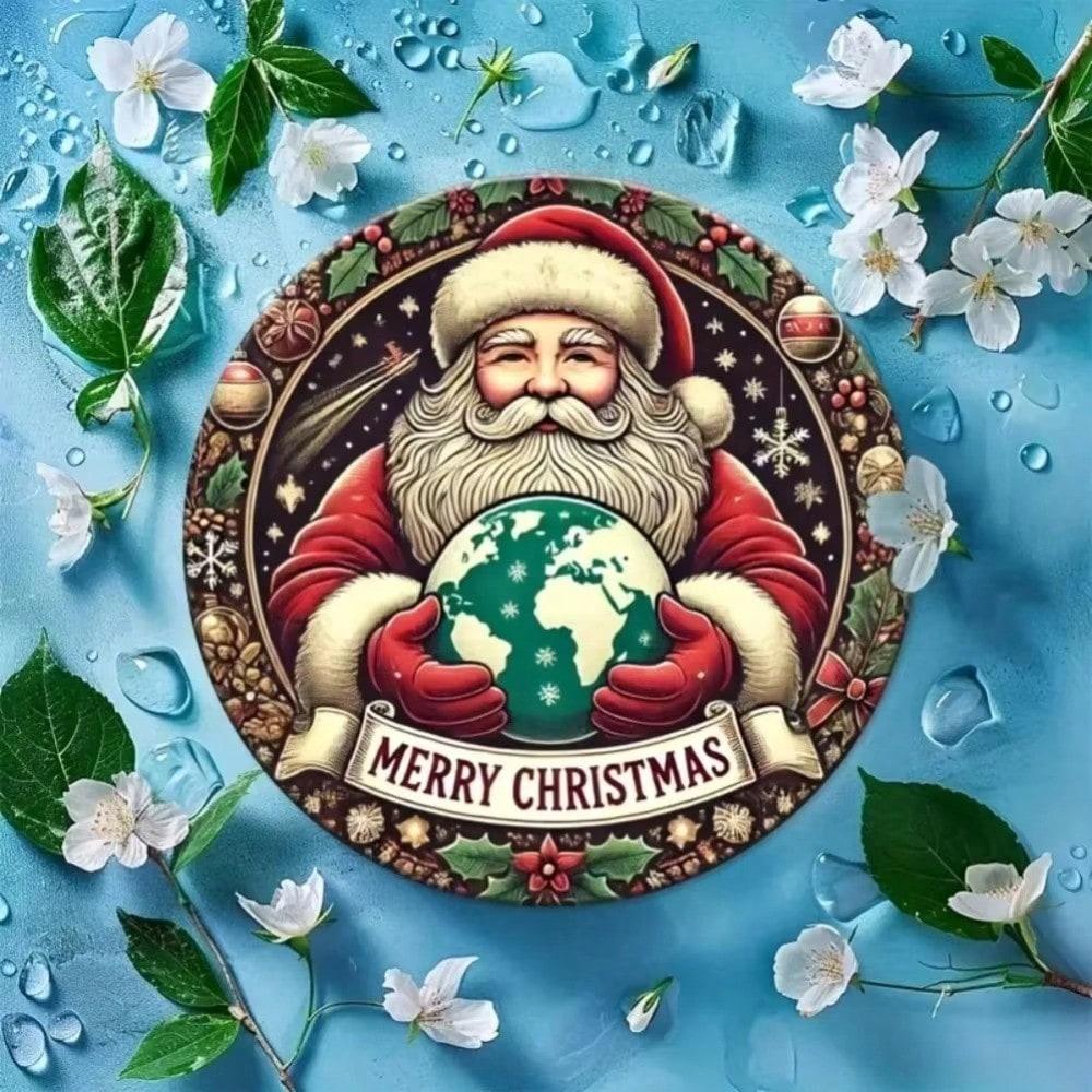 North Pole Santa Claus Metal Round Wall Art, Christmas Decoration, Waterproof Rustproof Indoor Outdoor Hanging Ornament