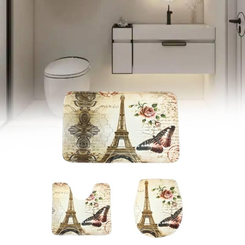 Butterfly Printed Tower Toilet Carpet Three Piece Set Anti Slip Mat Bathroom