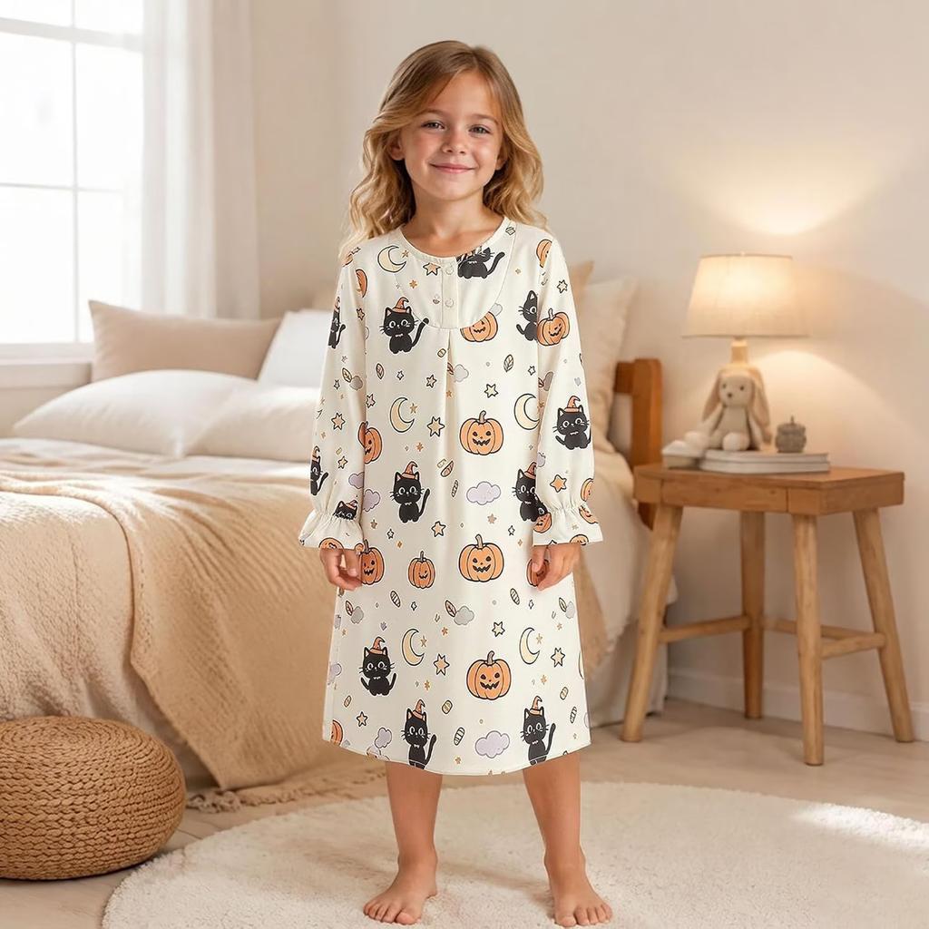 Girls Long Sleeve Print Nightgown Pajama Dress for Fall Winter Sleepwear and Loungewear