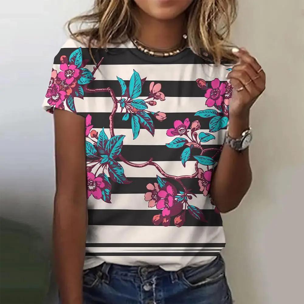 Summer Women Trend T-shirt 3D Printed Floral Stripe Tops Tees Female Fashionable Short Sleeve Clothing Casual Stylish Outfit