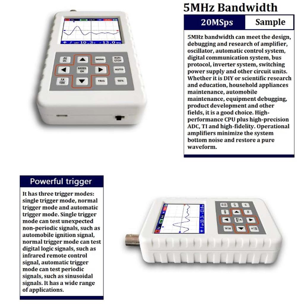 2.4 Inch LCD Digital Oscilloscope Handheld Digital Oscilloscope 5M Bandwidth 20MSps Sampling Rate