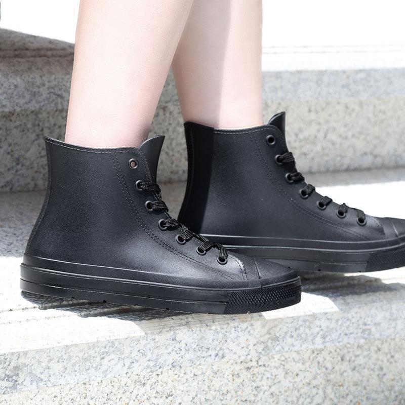 

Fashion rain shoes women s canvas shoes waterproof, non-slip and wear-resistant shoelaces rainproof rain boots rubber shoes water shoes outside 36 чёрный