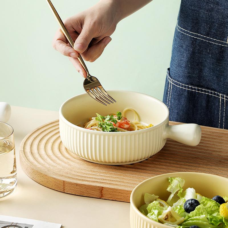 Nordic Style Ceramic Hand Handle Bowl Household Baking Bowl Microwave Oven Baked Rice Bowl Instant Noodle Bowl Salad Bowl Breakfast Bowl