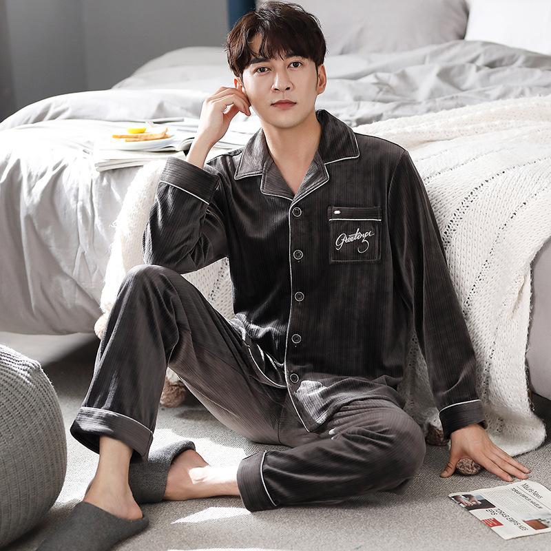 [Essential For Heating Room] Island Fleece Couple Pajamas Men'S Autumn And Winter Coral Fleece Flannel Loungewear Set