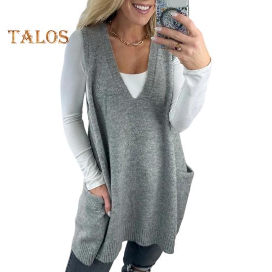 

Женский свитер-жилет с V-образным вырезом, без рукавов, с карманами, средней длины, трикотажные топы, однотонные, осень-зима, повседневный трикотаж XL серый