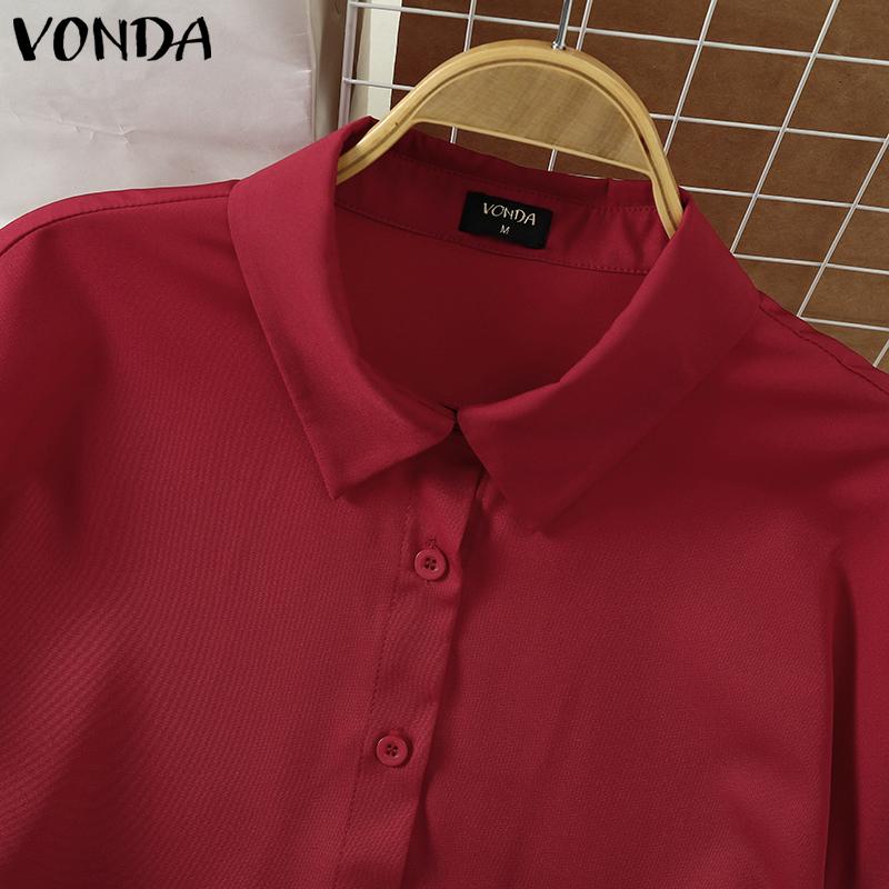VONDA Women Lapel Neck Long Sleeve Striped Patchwork Buttons Up Loose Shirts Blouse