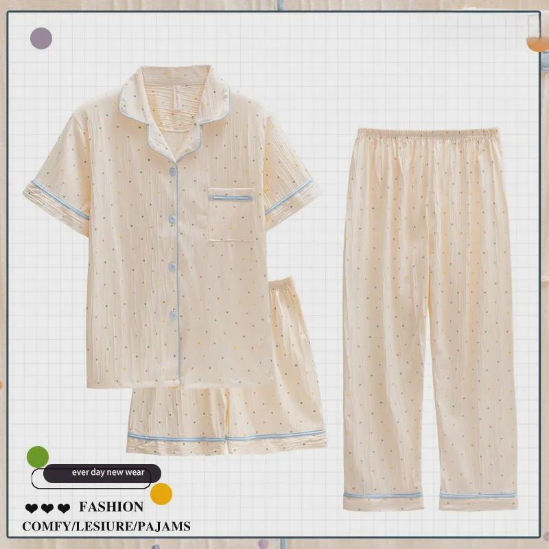 Dopamin Pembesi Çizgili Yazlık Pamuk Krep Pijama Takımı - Kadın Kısa Kollu Üç Parça