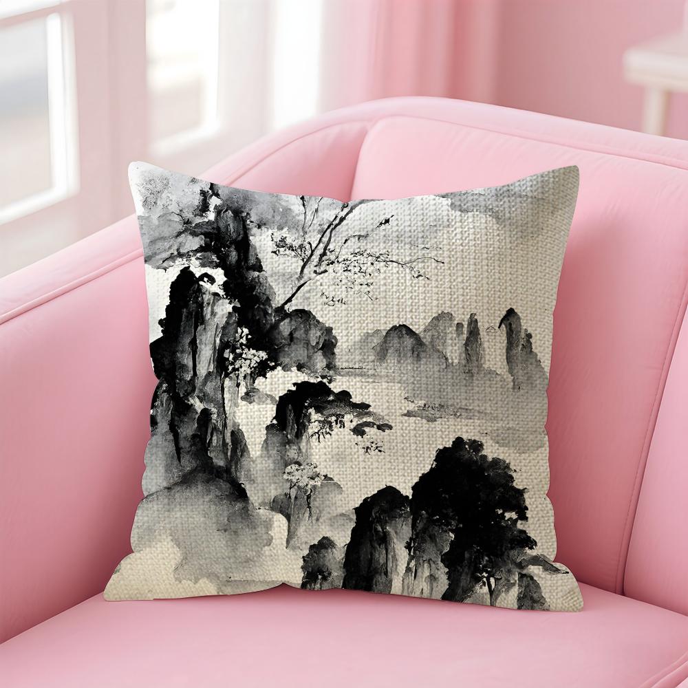 Ink Painting Chinese Style Cushion Cover Natural Linen Pillow Case DoubleSided Print Decorative Sofa Pillowcase Home Decor Gift