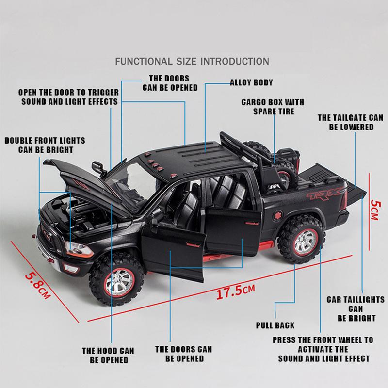 1/32 Dodge RAM TRX Diecast Alloy Model Car Miniature Pickup Off-Road for Children Collection Kids Metal Vehicles Boys Hot Toys