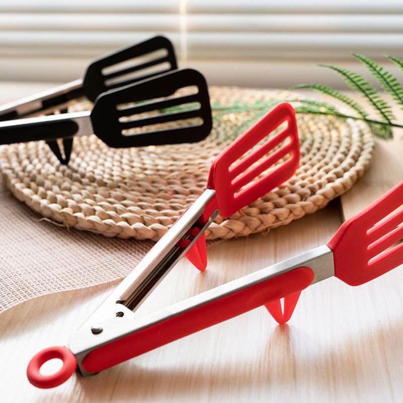 9/12 Inch Spatula Tongs with Stand Red Cooking Tongs Slotted Silicone Tongs for Kitchen Grilling BBQ Buffet Serving