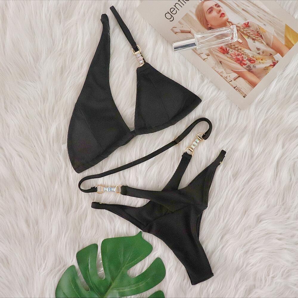 

Европейский и американский сексуальный бикини с кристаллами и бриллиантами в полоску, раздельный роскошный купальник L чёрный