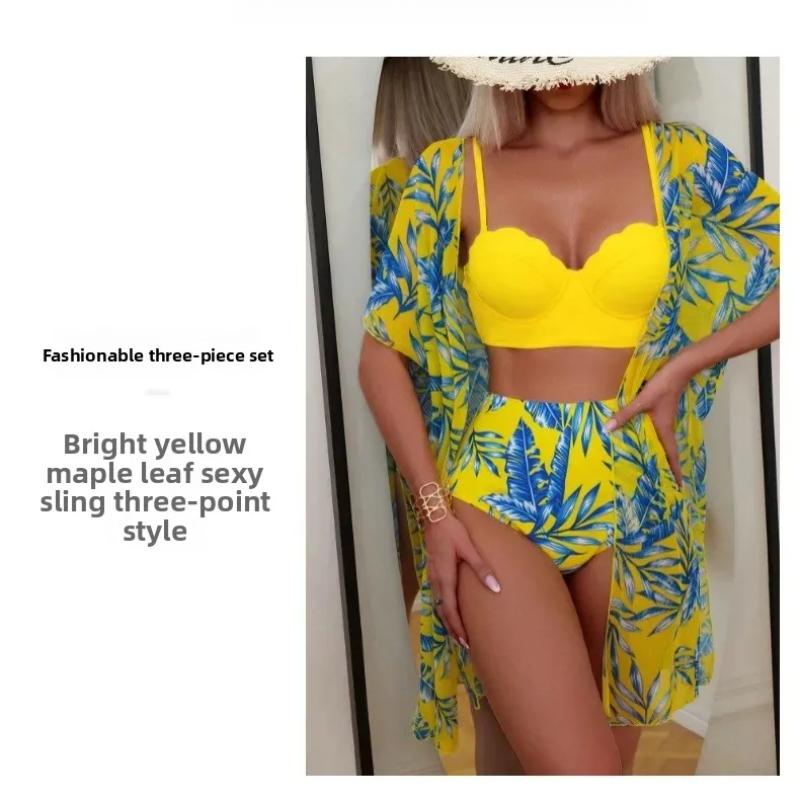 Women Three Piece Swimsuit Set With Leaf Print High Waist Bikini And Sheer Cover Up For Beach Swimming Water Sport Adult Summer Wear