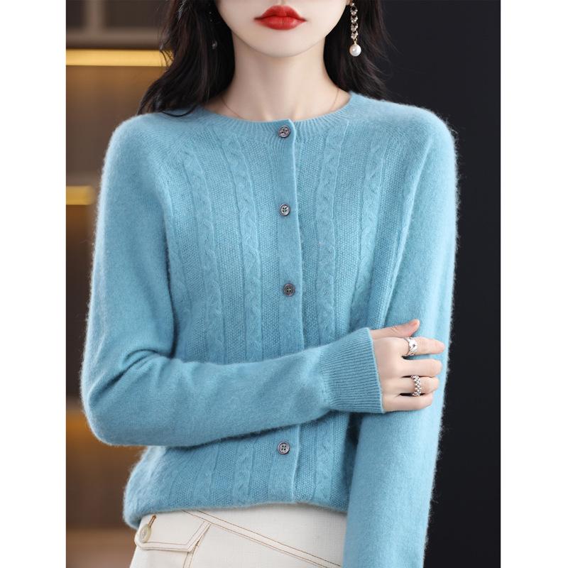 Women's Spring Cashmere Cardigan - Round Neck, Solid Color, Cable Knit, Loose Fit, 100% Pure Wool Sweater