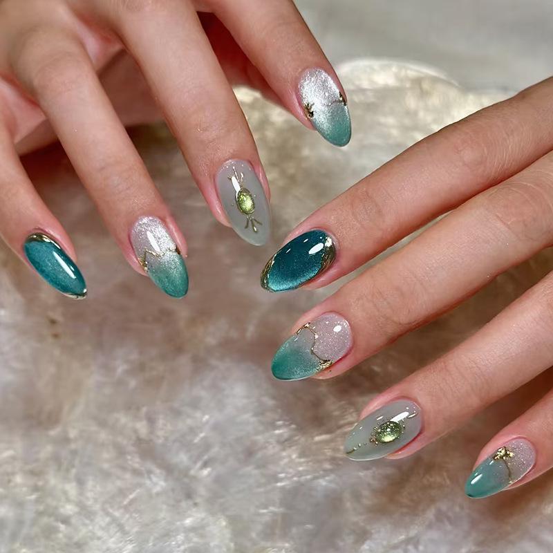 Hand-Painted Japanese-Style Celadon Nail Art Stickers - Retro Jade Design