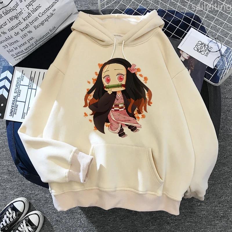 Japan Anime Demon Slayer Hoodies Japanese Casual Kangaroo Pocket Hoodie Harajuku Cartoon Manga Khaki Pullovers Aesthetic Clothes
