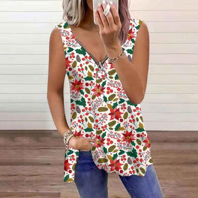 Damen Top Sommerblumen und Pflanzen bedruckt Lässig Übergröße Ärmellos Reißverschluss V-Ausschnitt Top Tanktop