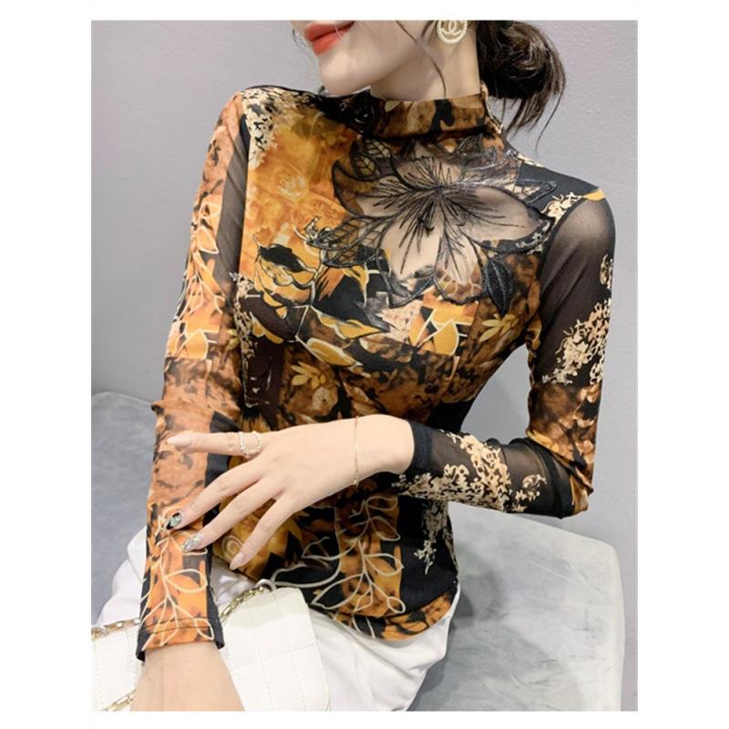 Mesh Hollow Short-sleeved T-shirt for Women's Spring and Autumn New Base Shirt Printed Top Sexy Half Turtleneck Shirt