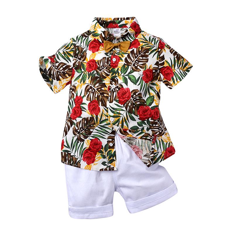 Blumenblatt-Print Kurzarm-Hemd Set für Jungen - Europäischer & Amerikanischer Stil