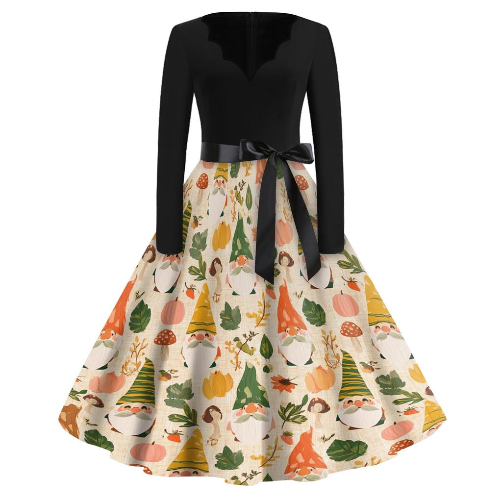 Women's Vintage V-Neck Long Sleeve Christmas Print Casual Dress