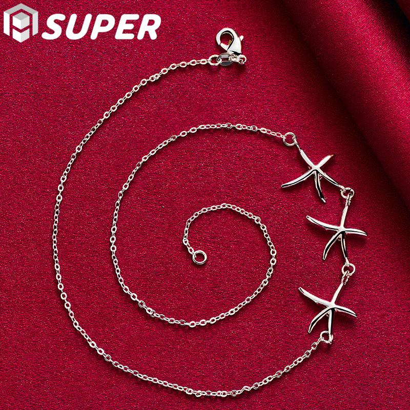 925 Sterling Silver Smooth Three Seastar Chain Necklace Jewelry